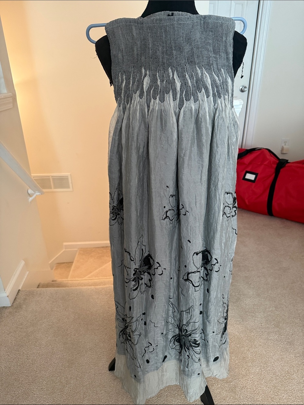 Smocked Sleeveless Maxi Dress — Gray Floral